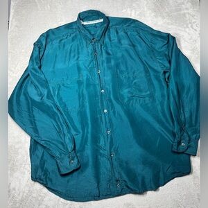 Men’s 100% Silk Nine Twenty East Lightweight Button Front Collared Teal Shirt  L